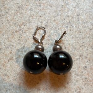 Onyx Round Earrings with Silver Bead on Silver Euro Wire